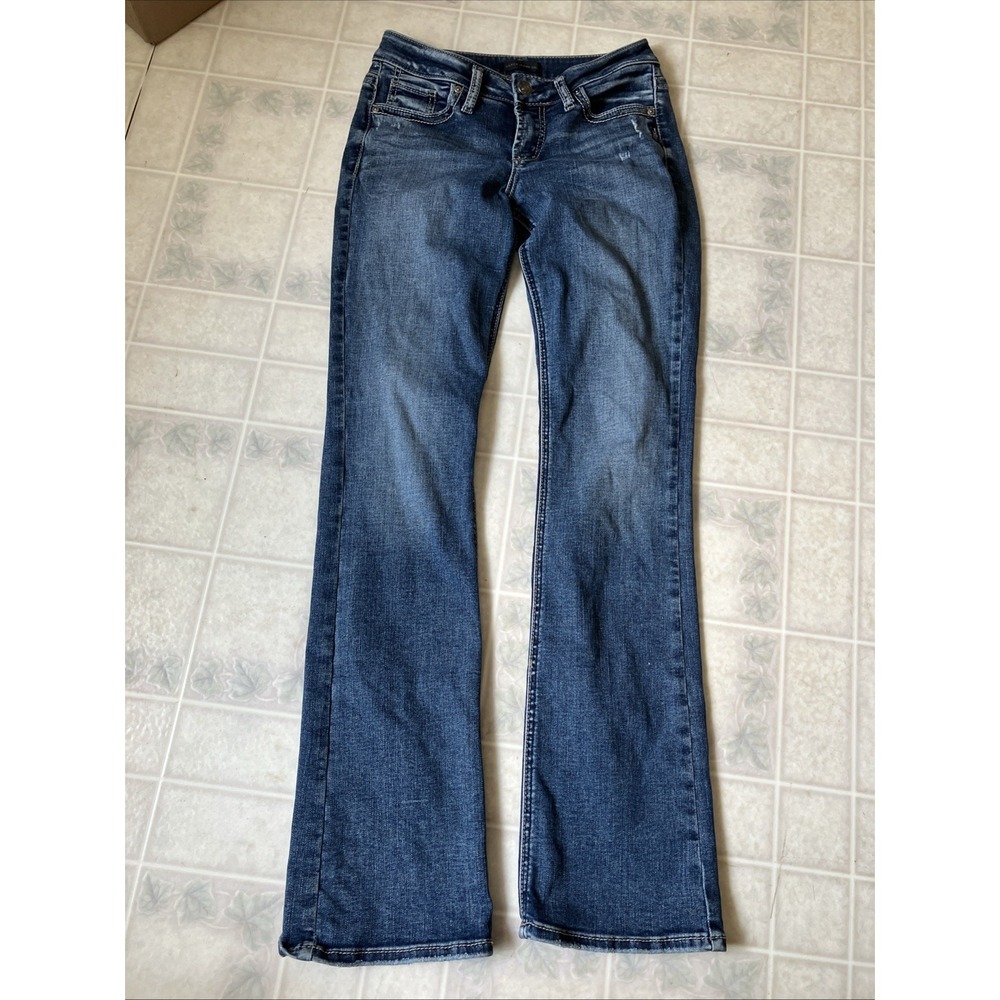 Silver Jeans Co Suki Slim Boot Back Flap White Heavy Stitch Blue Jeans 27 33